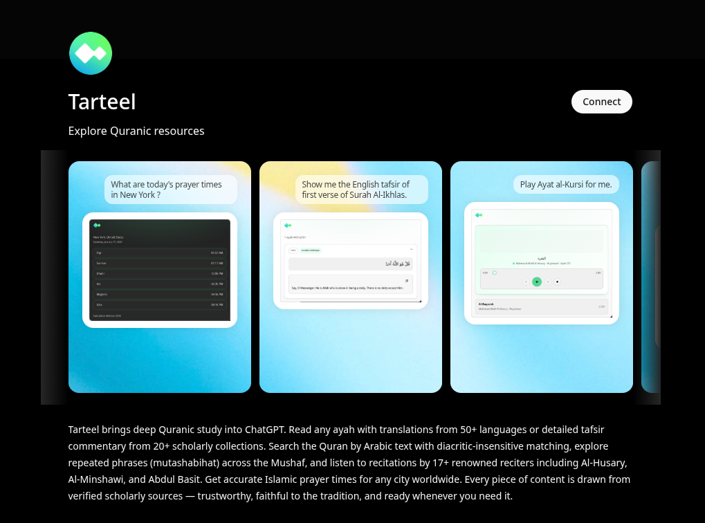 Tarteel on the ChatGPT Apps directory