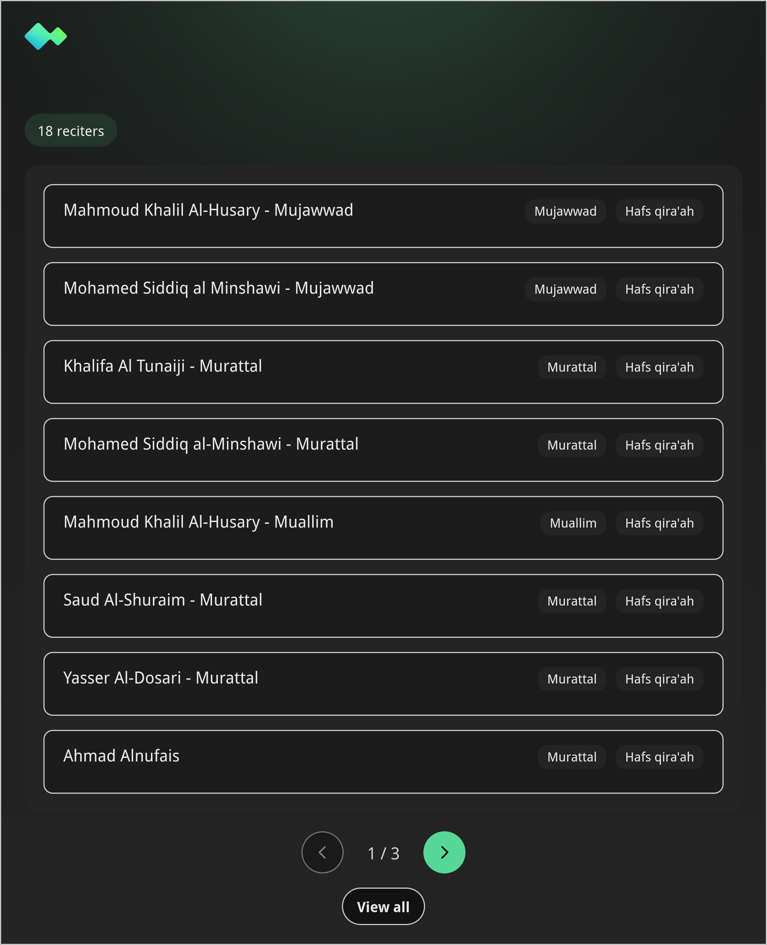 list_reciters widget preview in dark mode
