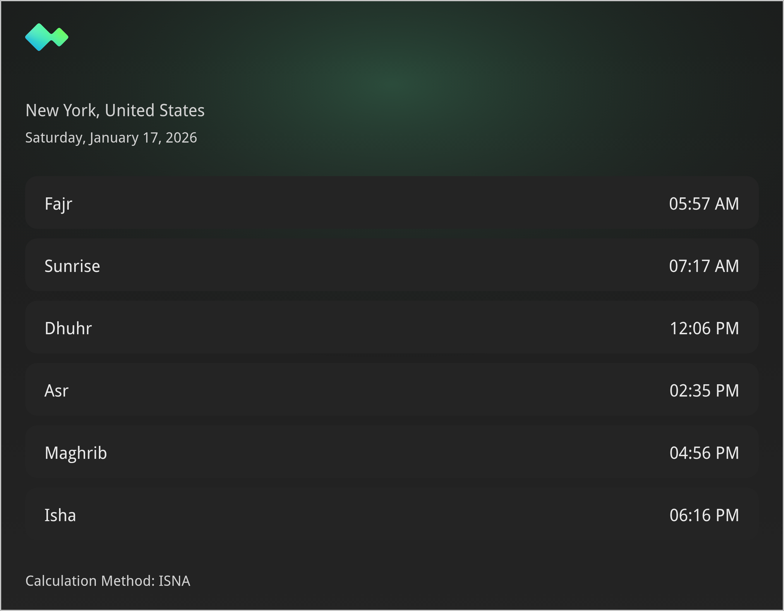 prayer_times widget preview in dark mode