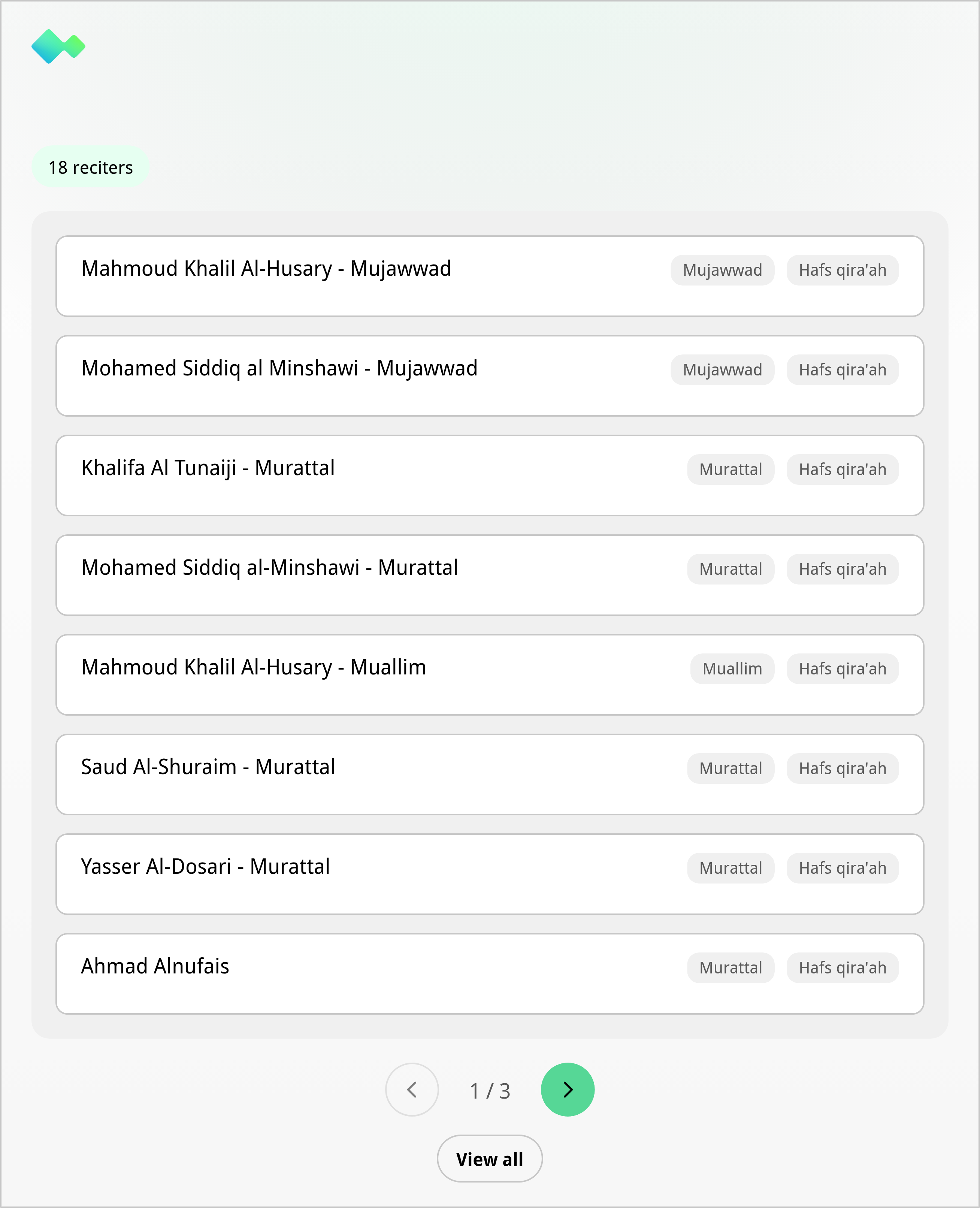 list_reciters widget preview in light mode